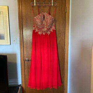Red Party Dress Gold Sparkle Bodice Floral